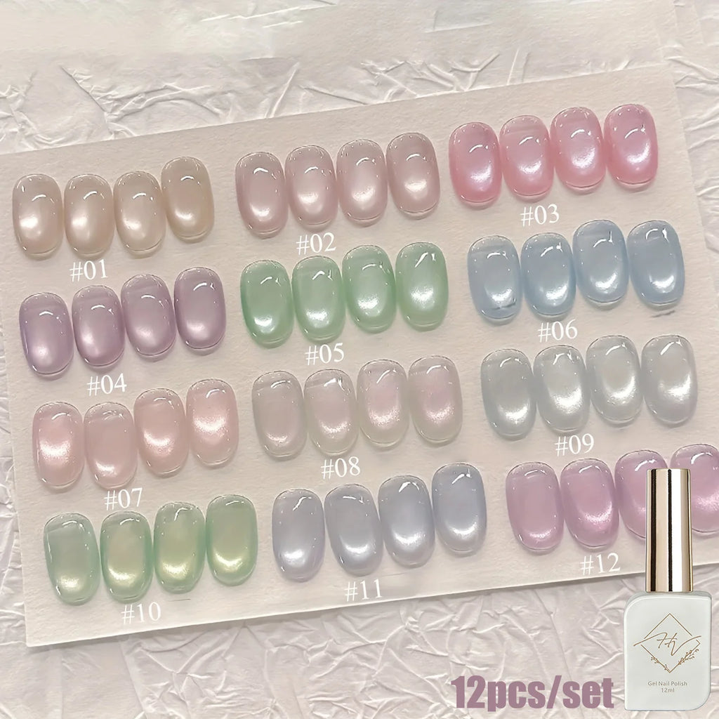 1-12pcs ZH Spring/Summer Ice Transparent Sweet Wine Glass Beads Cat Eye Nail Polish Gel New Flashy Popular Pink Nail Supplies