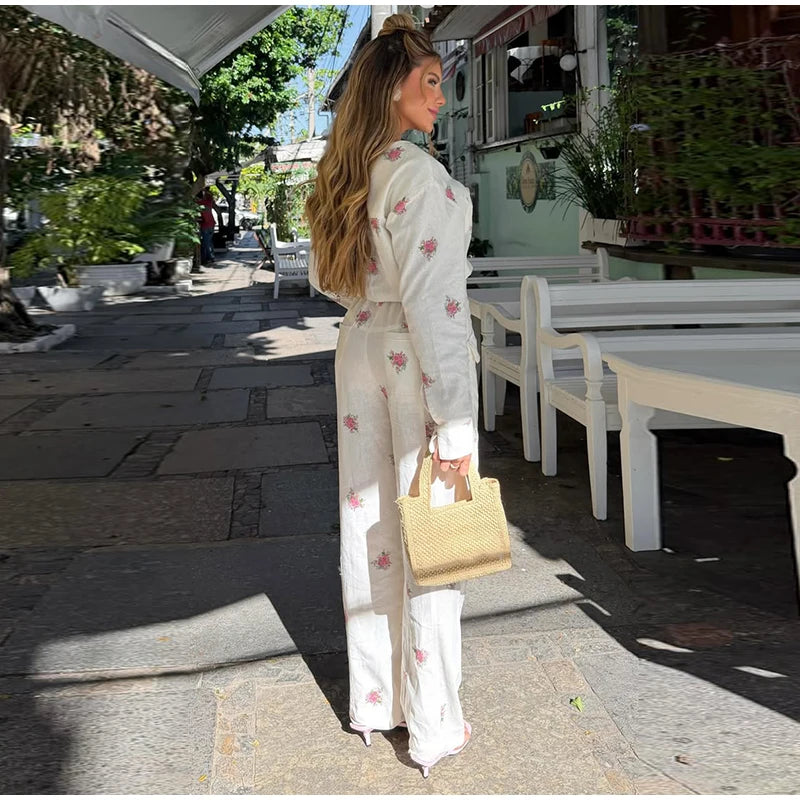 Elegant Print Women's Jumpsuits Fashion Long Sleeve V-neck Zippers Female Overalls 2026 Summer Autumn All-match Lady Outfit