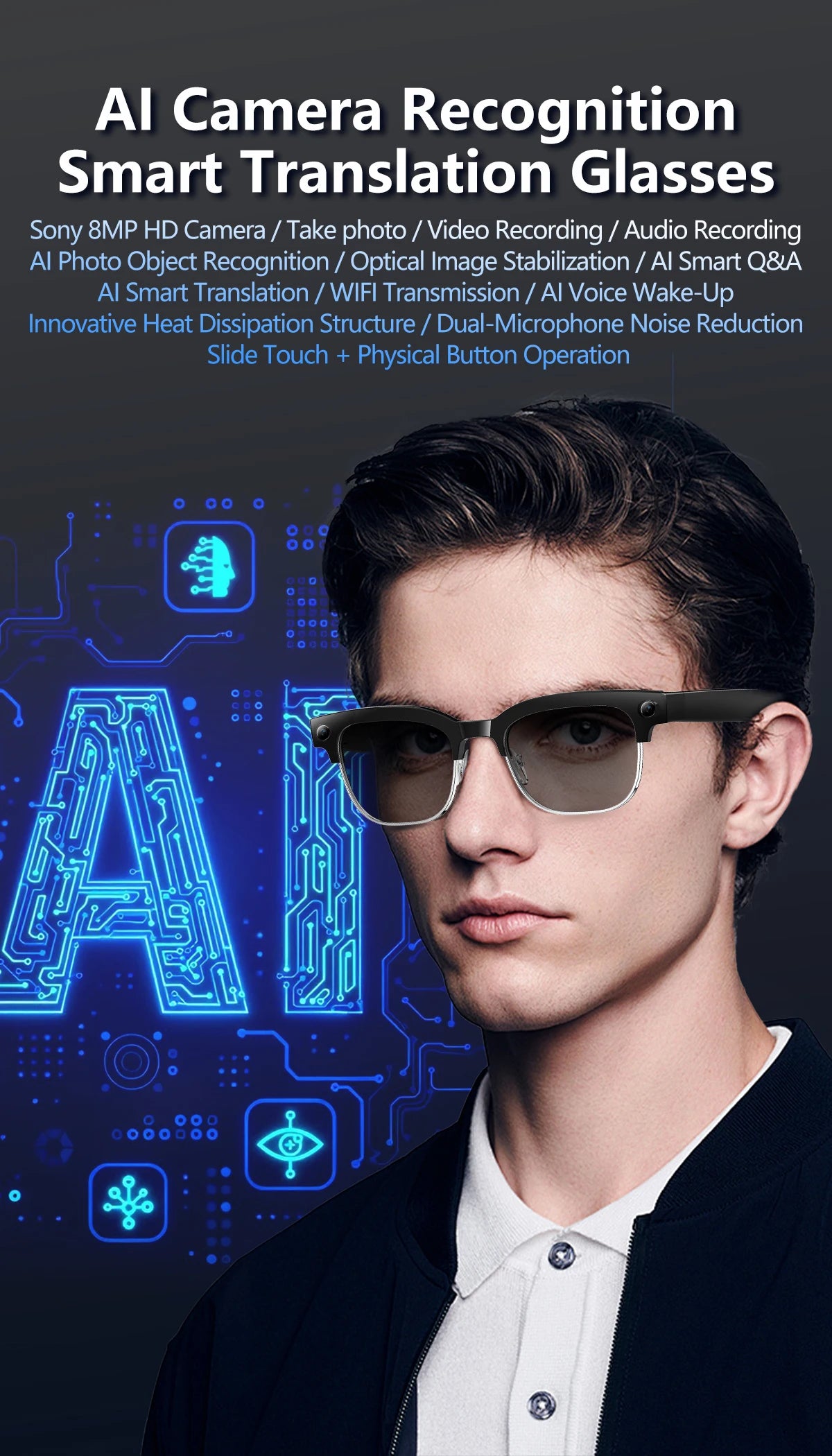 2026 New 4K HD 800W Pixel Dual-Camera Smart Glasses Men 1200P Video Recording AI Chat WIFI Transmission Translation Call Glasses