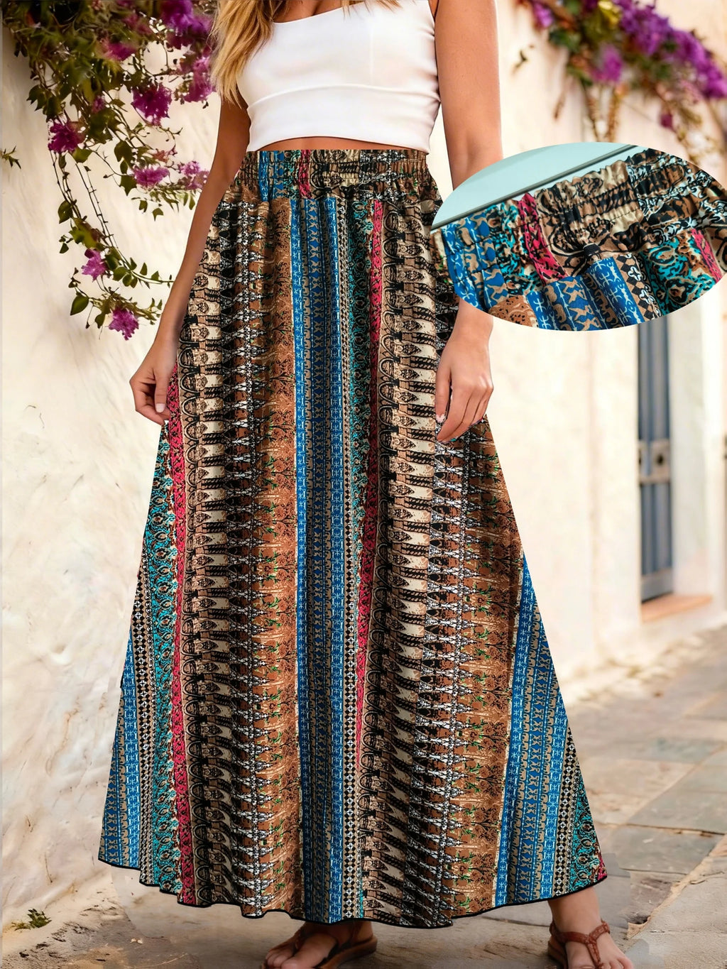 Ethnic Style Print Vacation A-Line Bohemian Long Beach Skirt
