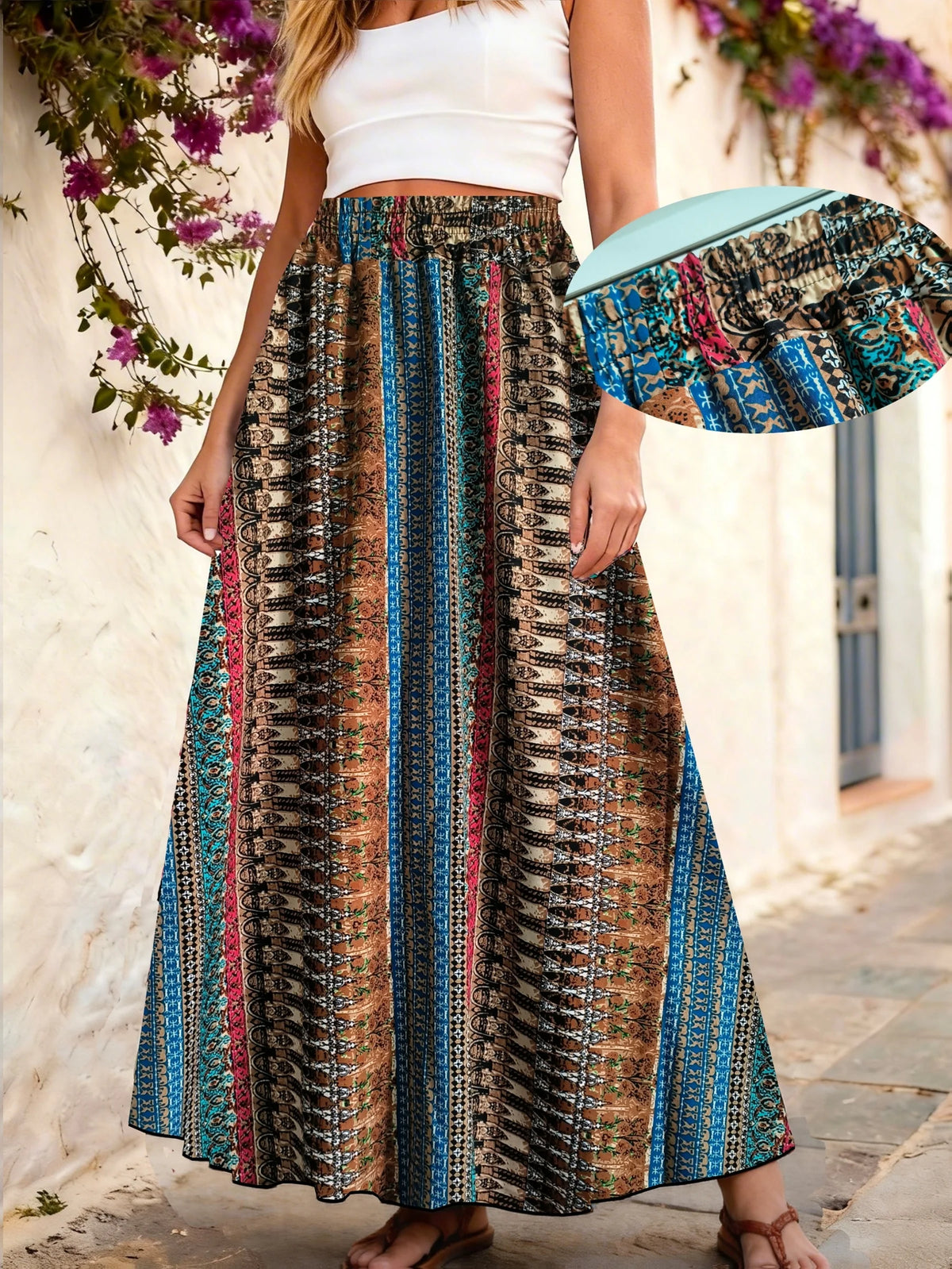 Ethnic Style Print Vacation A-Line Bohemian Long Beach Skirt