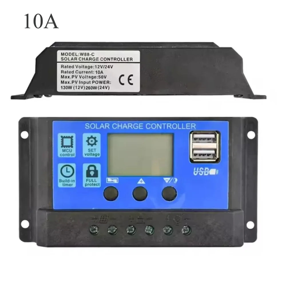 Solar Charge Controller, Photovoltaic Panel PV Regulator, Load Discharger, Auto LCD, Dual USB, 5V Output, 12V, 24V, 30A, 10A