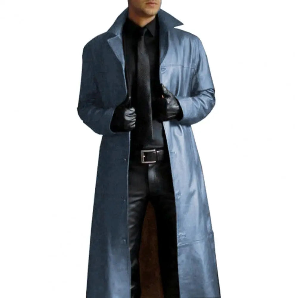 Men Faux Leather Jacket Stylish Men's Faux Leather Trench Coat with Turn-down Collar Windproof Design Slim Fit for Long
