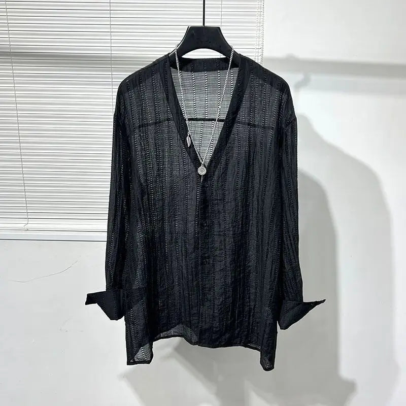 Simple Loose Hollowed-out Draped V-neck Loose Shirt for Men Solid Color Y2K Blouse Fashion Tops Chic Casual Male Clothes