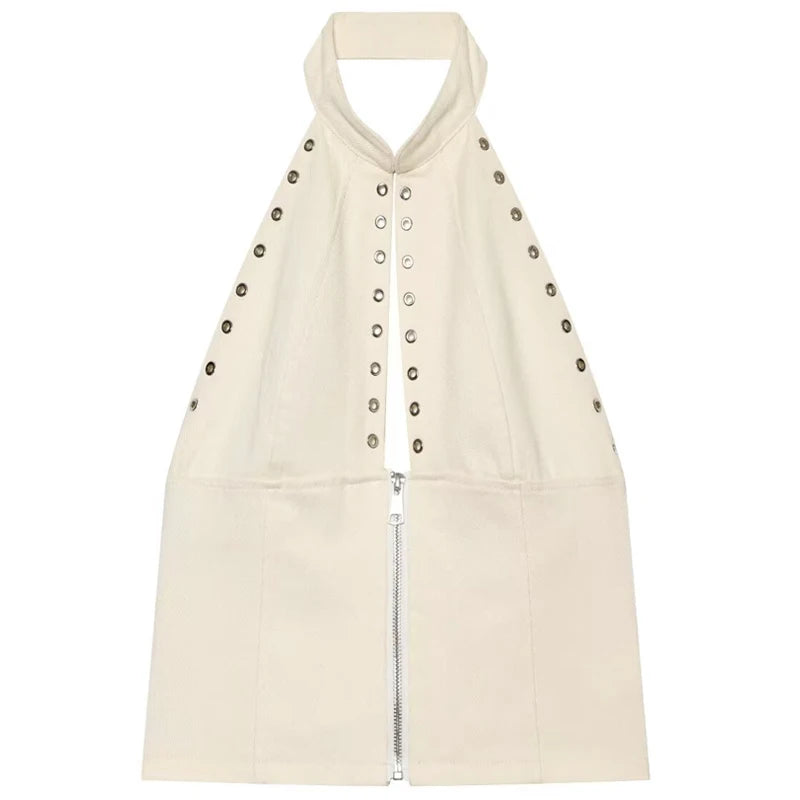 HXAO White Jeans Sets Women's Two -Piece Set Chic Halter Sleeveless Backless Vest Suit High Waisted Straight-Leg Trousers Outfit