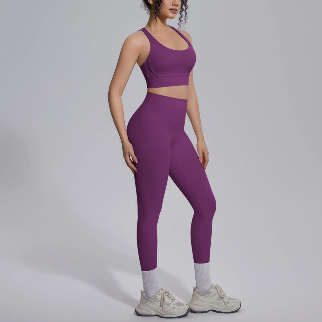 2PCS Yoga Set Summer Gym Sports Running Yoga Clothing Solid Color Cross Bra Workout Top High Waisted Quick Drying Fitness Pants