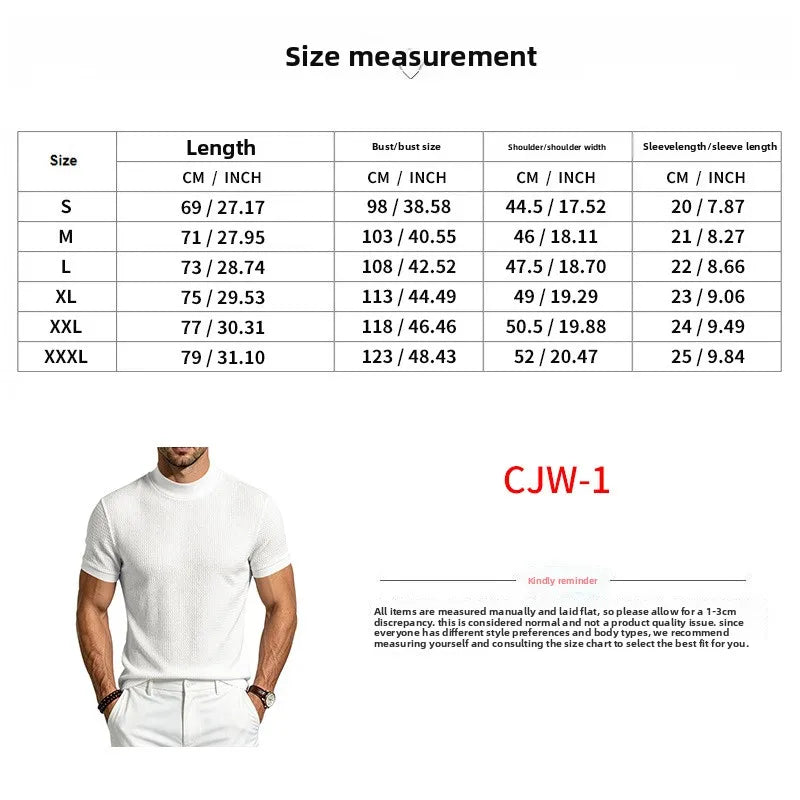 Men Summer Solid Jacquard Textured Mock Neck Short Sleeve T Shirt Slim Fit Simple Versatile Casual Daily Male Basic Tees