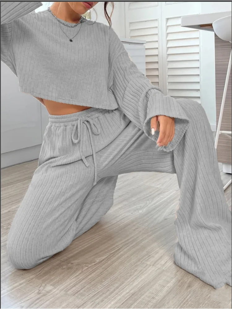 Casual Grey Long Sleeve Round Neck Suit Women's Solid Color Loose Top Trousers Autumn Sports Fashion 2 Piece Sets Women Outfit