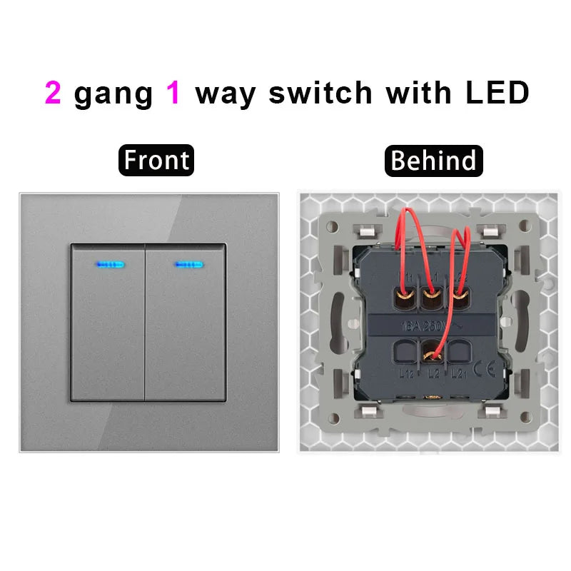 NYWP Luxury Crystal Tempered Glass Panel 1 Gang 2 Way Light Switch On / Off Wall Switch With LED Indicator 16A AC 250V
