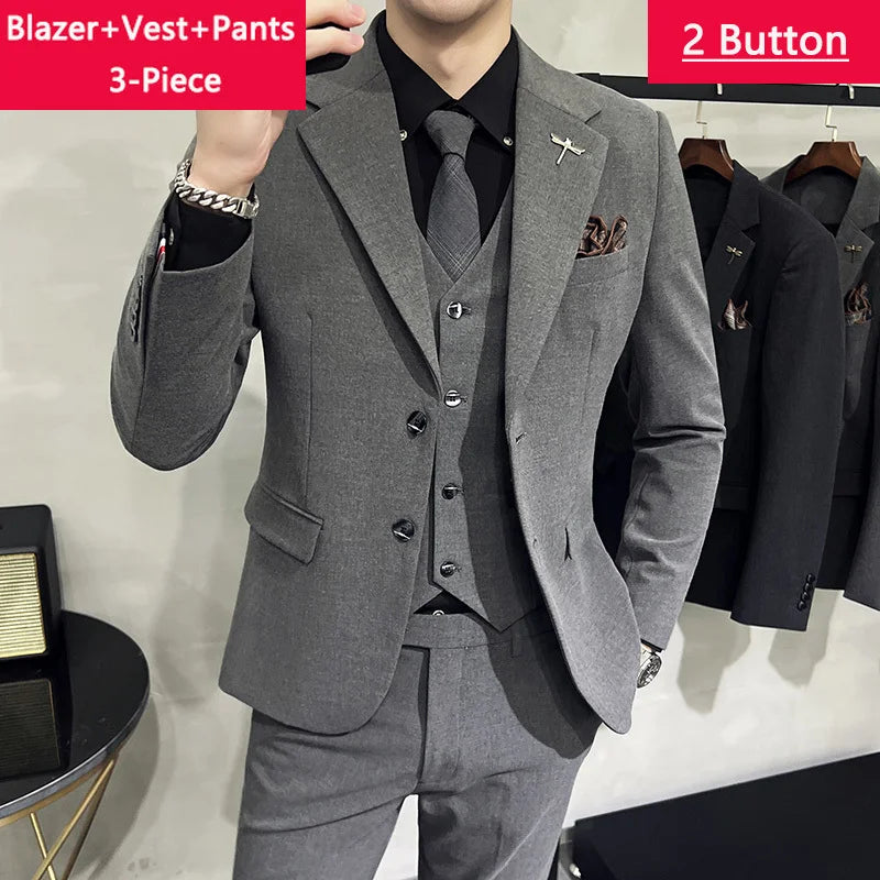 Blazer Vest Pants Men's Navy Blue Suit Set Slim Fit Blazer Vest Pants Formal Outfit for Business Wedding Office Groom Party