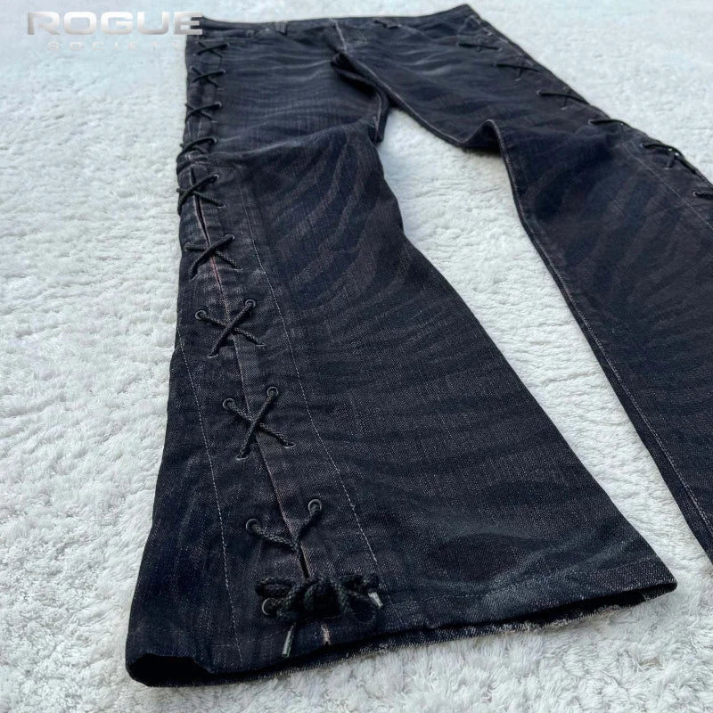 Summer Streetwear Embroidered Flare Jeans Men Y2K Retro Gothic Punk Casual Harajuku Distressed Vintage Black Denim Pants Unisex