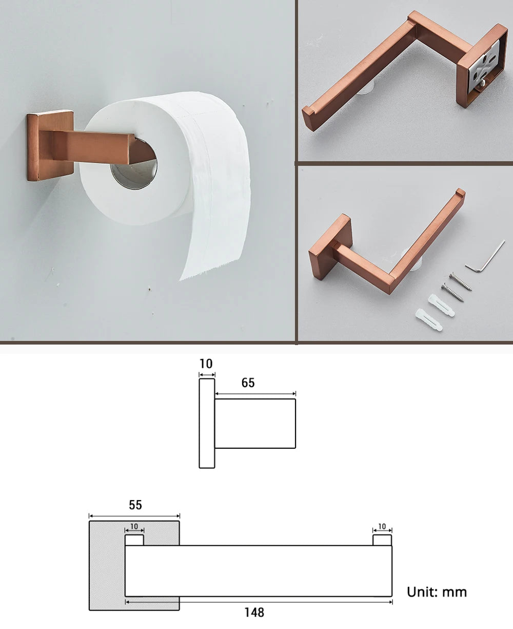 Rose Gold Bathroom Accessories Set Hardware Paper Holder Towel Bar Rack Rail Rod Robe Hook Hanger Wall Mount Brushed Rose Gold
