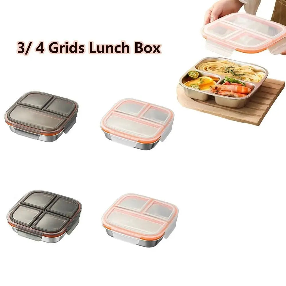 3/ 4 Grids Stainless Steel Lunch Box Reusable Sealed Food Container Leak Proof 600ml Capacity Student Meal Plate Microwave Oven