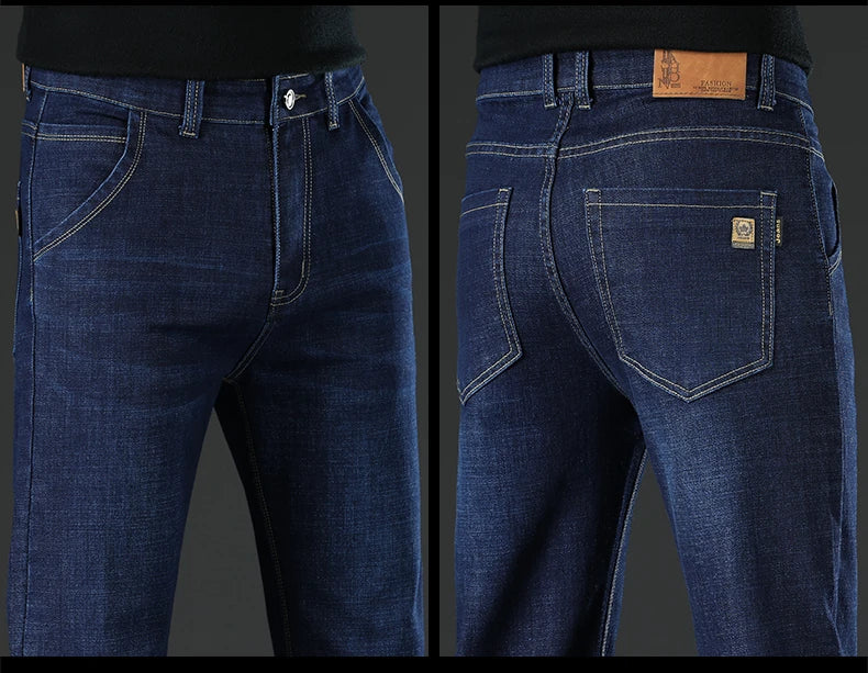Men Winter Fleece Warm Jeans Brand 2024 Fashion Business Pants Retro Classic Denim Trousers Autumn Casual Stretch Slim Jeans Men