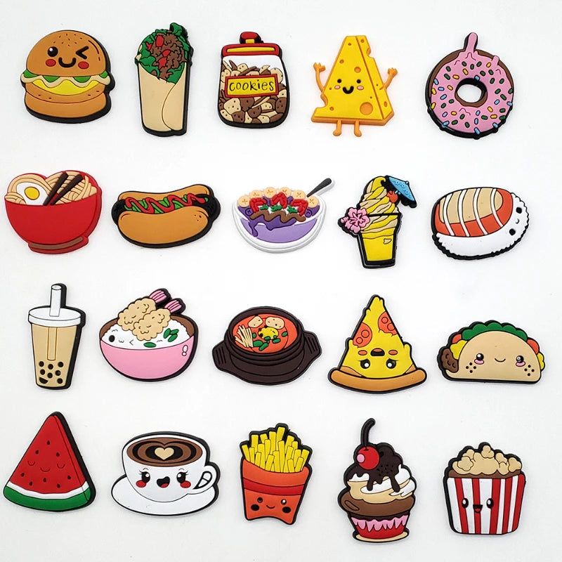 Cute Kawaii Food Shoes Charms Set Cartoon Burger Pizza Boba Shoe Accessories, PVC Clog Decorations for Sandals, Party Gifts