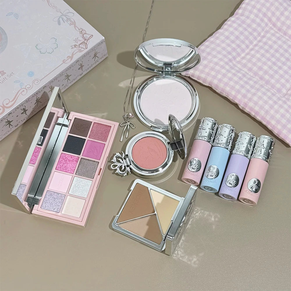 NICEKEY Face Makeup Sets Include 4 Lipgloss,1 Blush,1 Pressed Powder,1 Eyesshadow Palette,1 Contour Palette With Necklace Gift