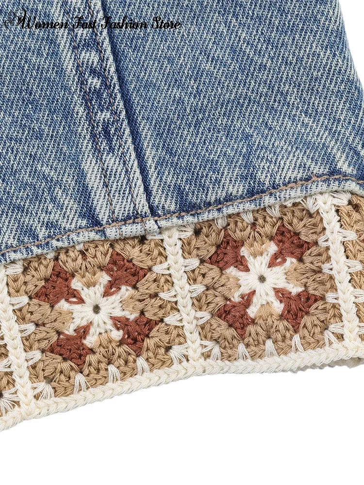 Crochet Splicing Cropped Top Jeans Set 2026 Summer New Ladies Sexy Backless Tank Top Straight Leg Denim Pants Women's Outfits