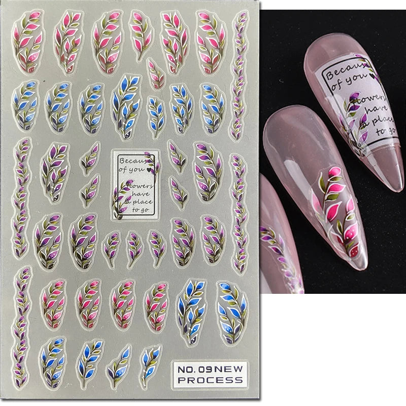 3d Nail Art Ultrathin Decals Blue Pink Blossom Florals Flowers Leaves Nail Stickers Decoration For Nail Tips Beauty