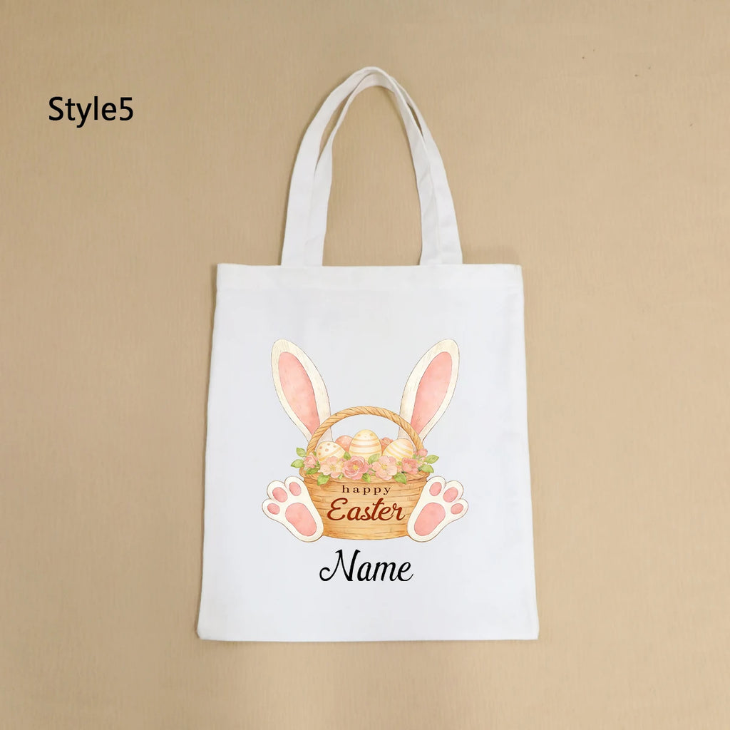 Custom Easter Tote Bag With Bunny And Floral Design, Personalized Name Shoulder Handbag For Spring Celebrations,