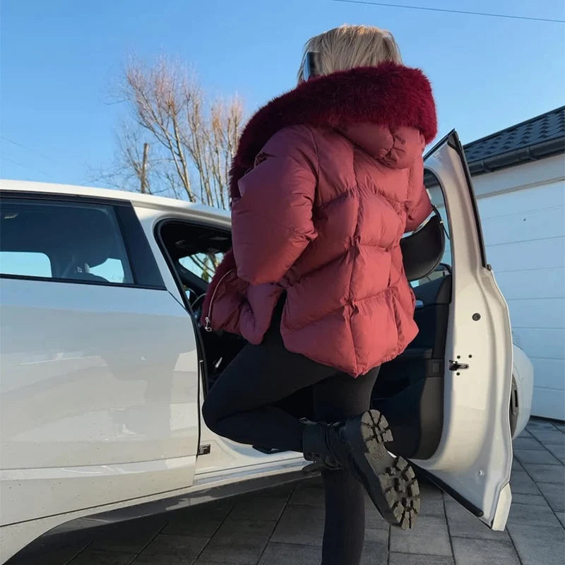 Fashion Women's Faux Fur Hooded Winter Jackets 2025 Warm Patchwork Zipper Full Sleeve Coats Puffer Female Solid Down Jacket