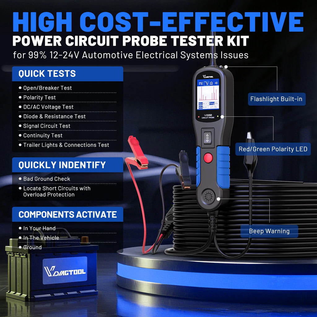 VDIAGTOOL V200 Car Electric Circuit Tester 6V-30V Automotive Power Probe Kit Electrical System Tester LCD Display Voltage Tester Electrical Diagnostic Tools ﻿