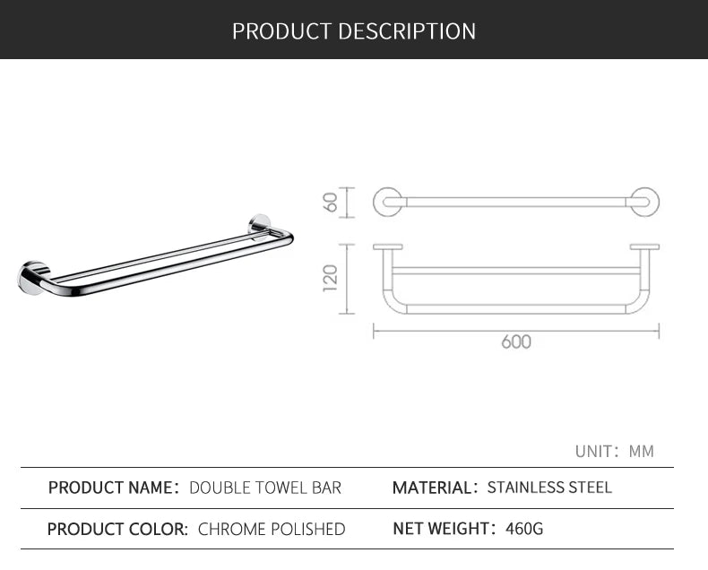 24" Double Towel Bars Stainless Steel 304 Towel Rack Wall Mounted Towel Holder 60CM Towel Rail