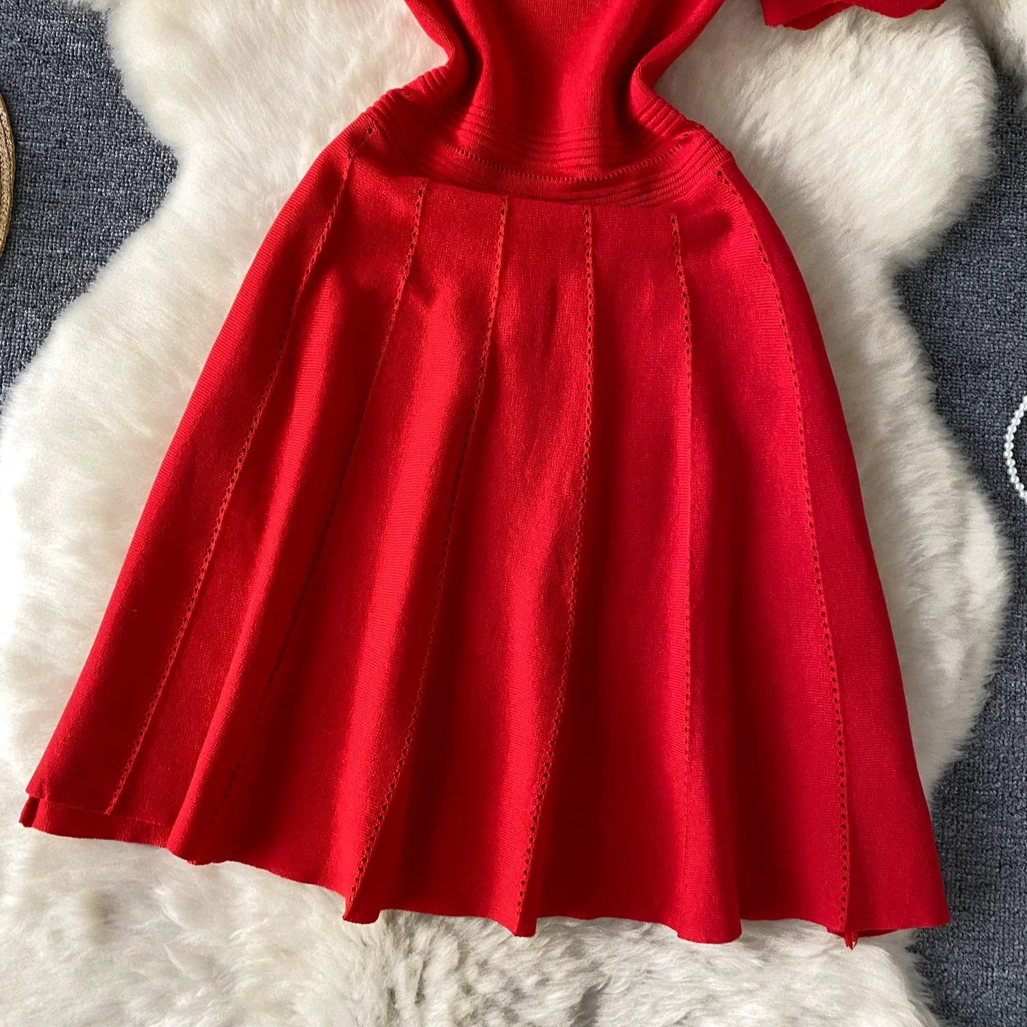Red Senior Solid Knitting Dress Ladies O-Neck Short Sleeve Hollow Out Design Elastic Knitted Fashion Basic A-Line Dress