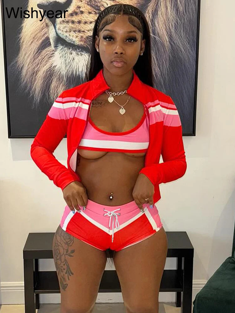Sexy Beach Bikini Suits Woman Fashion Stripe Print Patchwork Full Sleeve Jacket+Crop Tops+ Shorts 3 Piece Set Vacation Hot Girls