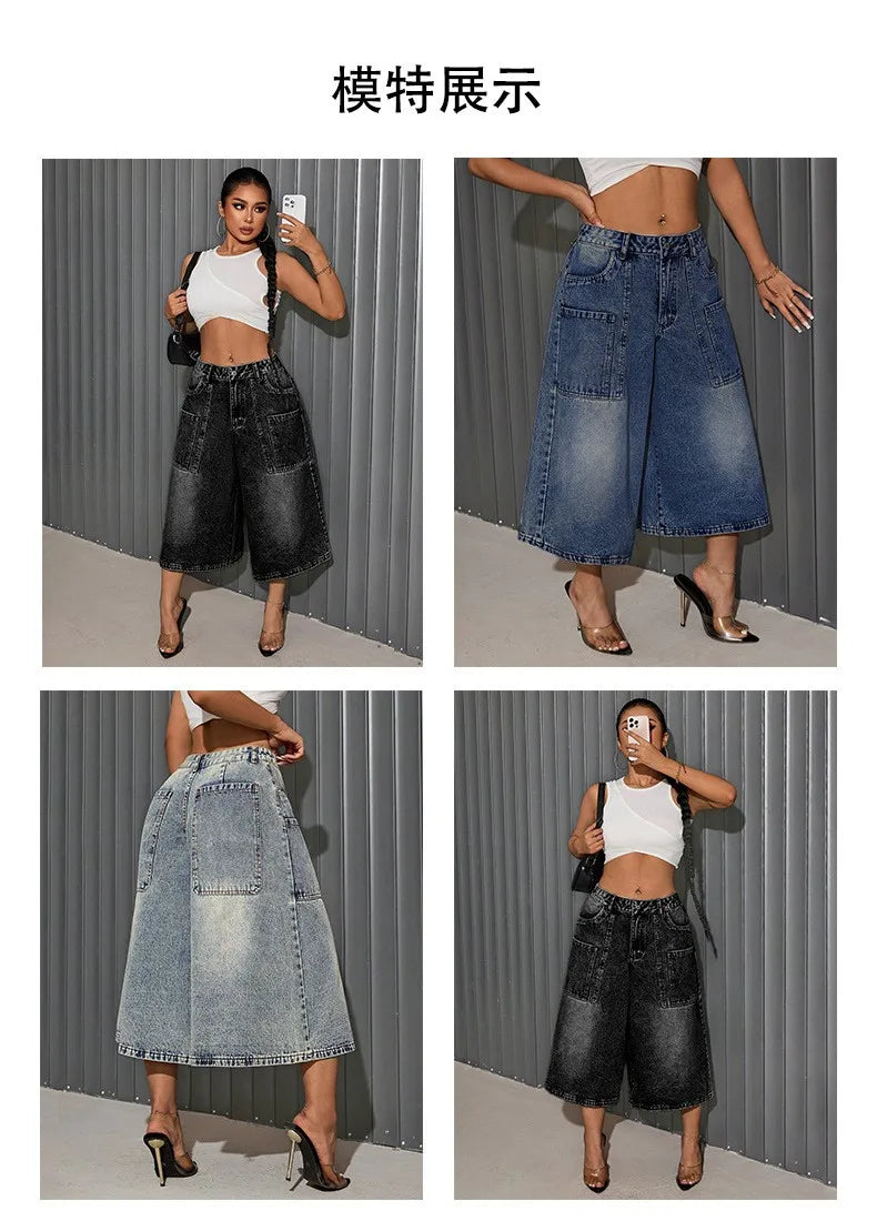 Women's Denim Shorts Mid Waist Wide Leg Faded Wash Multi Pockets Knee Length Loose Fit Vintage Casual Bermuda Jean Culottes