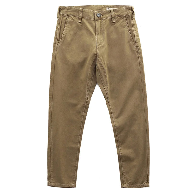 Spring New American Retro Twill Amekaji Chino Cargo Pants Men's Simple 100% Cotton Washed Slim Straight Business Casual Trousers