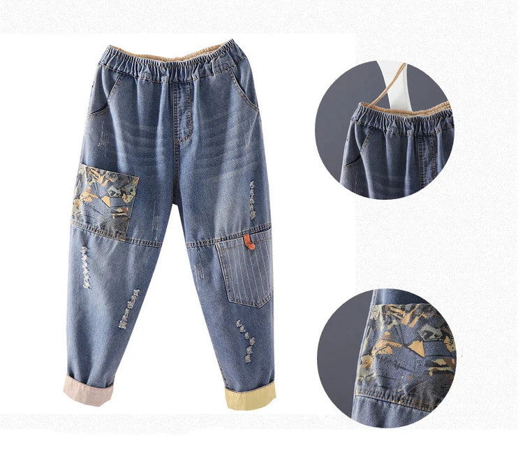 Women's Casual Boyfriend Baggy Jeans Fashion Vintage Style Patchwork Streetwear Female Denim Pants Loose Versatile Harem Trouser