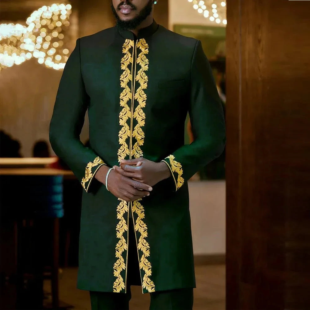 2024 Luxury Men's Suit Set Kaunda Suit Tuxedo Outfits Pocket Top Pants African Ethnic Wedding Gentleman 2pcs Sets Suit Outfits