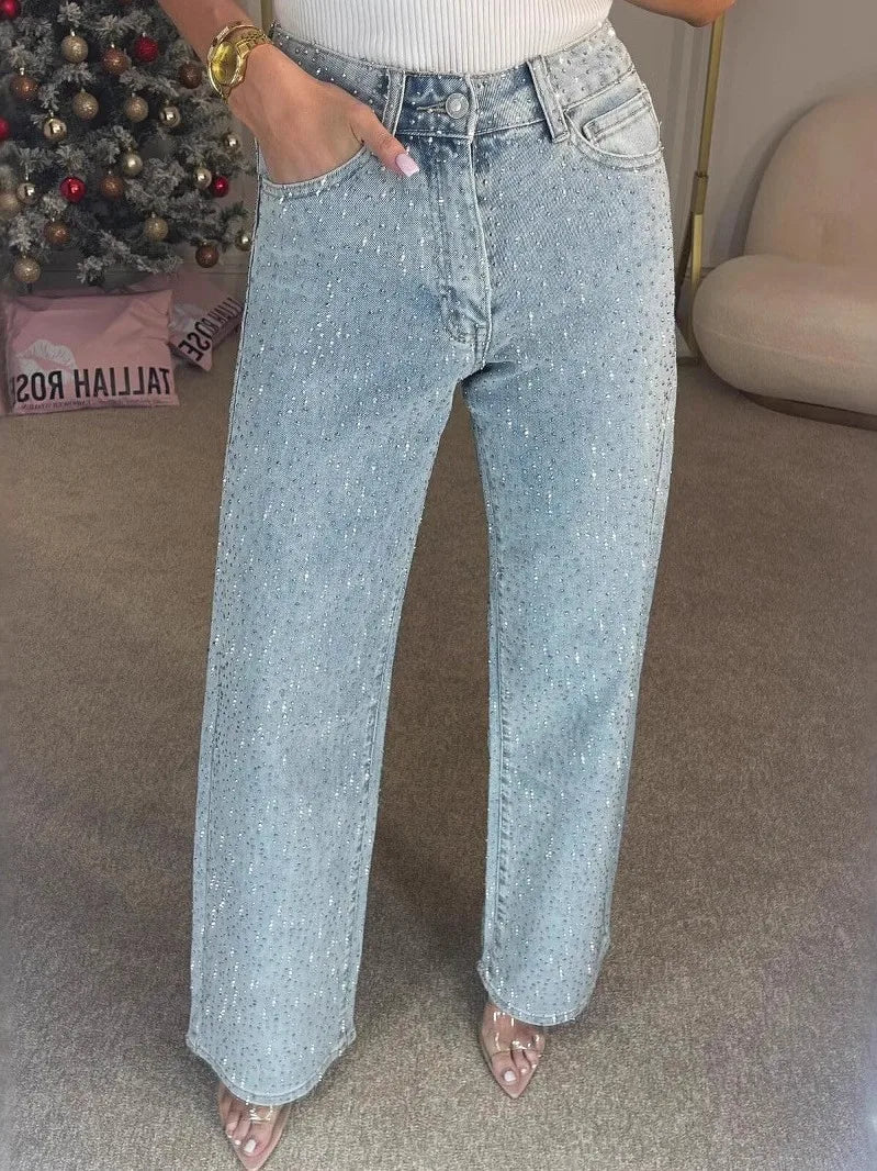 Sexy High Waist Straight Leg Women's Jeans Diamond Washed Cotton Blend Long Pants Trendy Fashionable Ladies Premium Denim