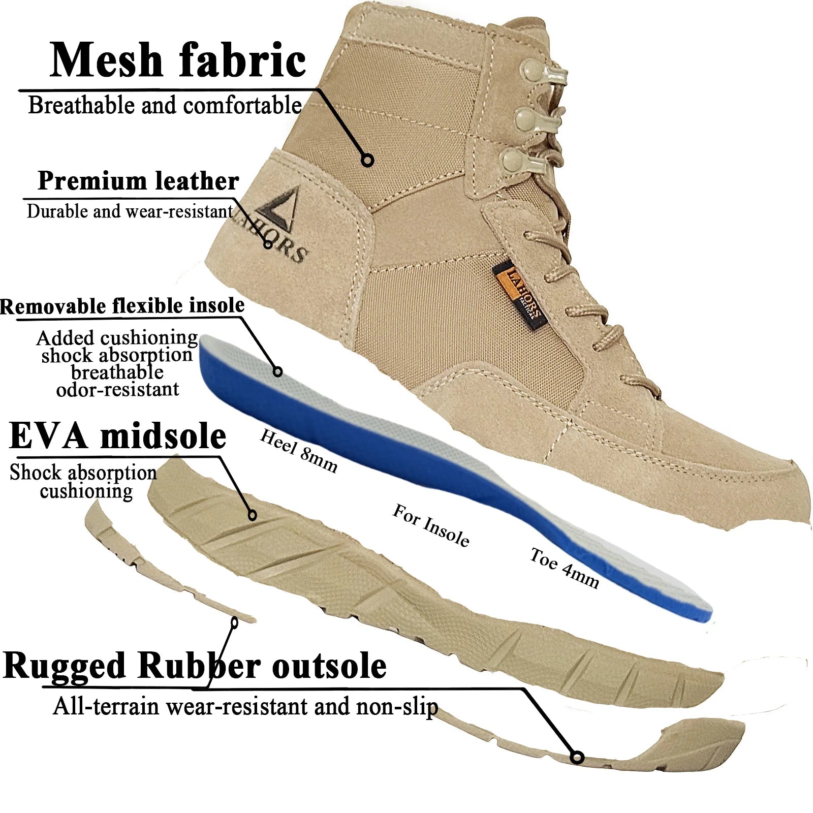 LAHORS® Lightweight 6 INCH Man Tactical Boots With Zip Combat Training Lace Up Waterproof Outdoor Hiking Breathable Ankle Shoes