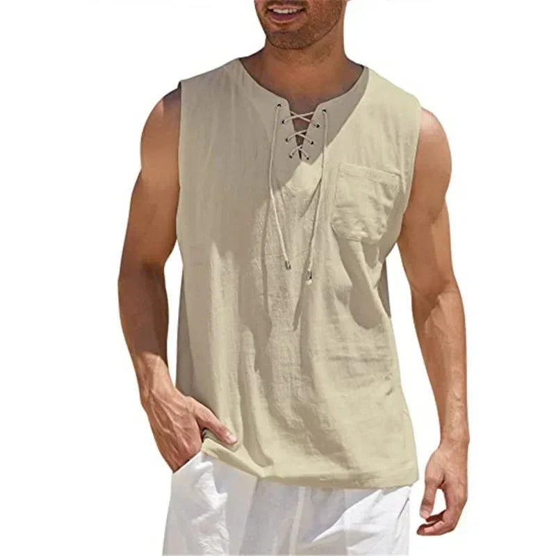 New 2026 Men's Casual Cotton Linen Tank Tops Men Drawstring V Neck Sleeveless Shirts Summer Casual Shirt Gym Fitness Vest Tops