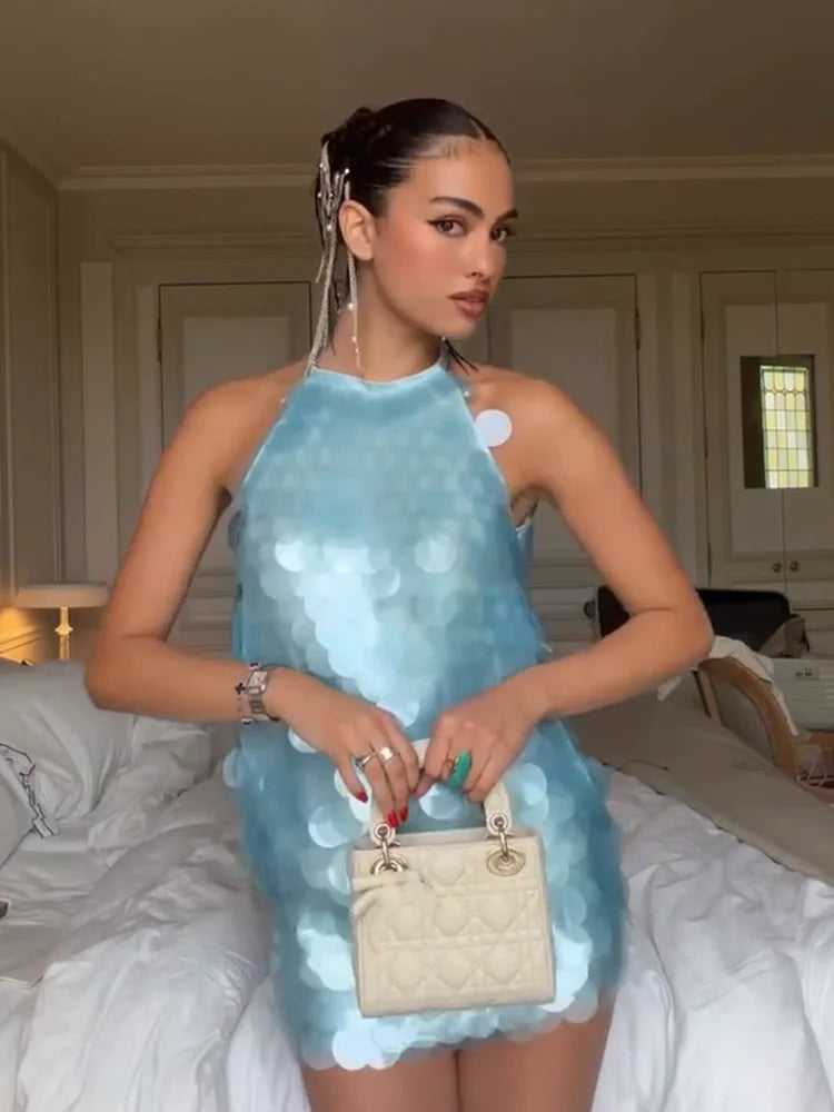 Women's 2026 Light Blue Halter Sequin Dress Sleeveless Loose Large Sequin A-Line Mini Dress Summer Evening Party Shining Gown