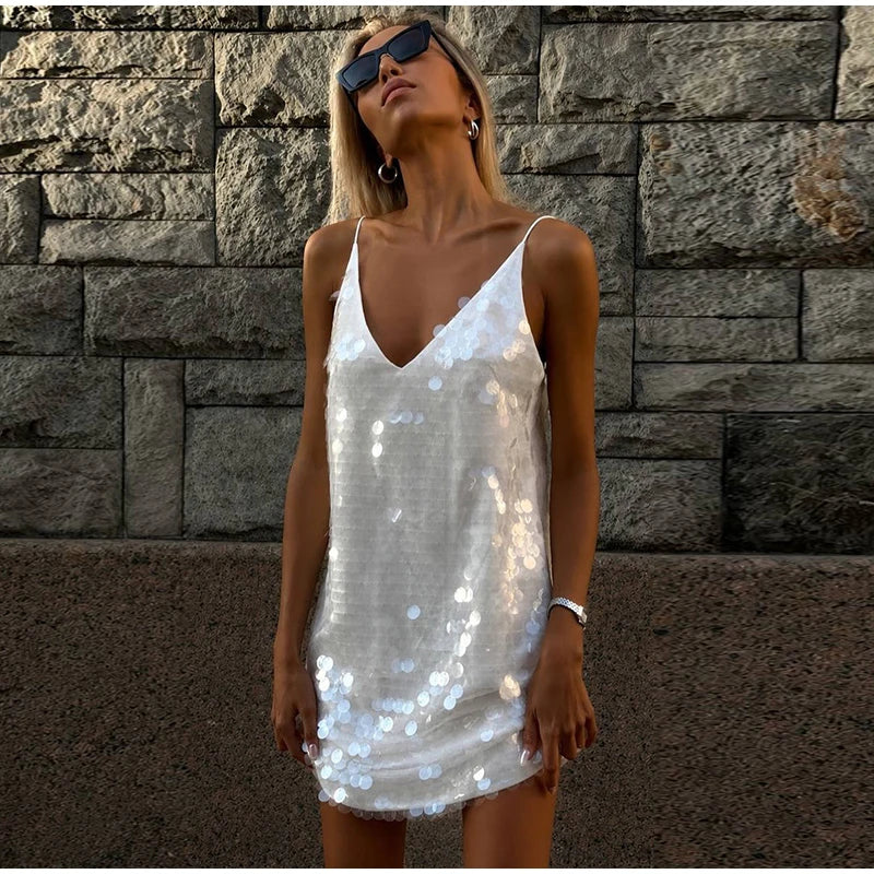 Beach Sequin Short Women Dress Loose Deep V-neck Sleeveless Backless Spaghetti Strap Sundress 2026 Summer Solid Glitter Dresses