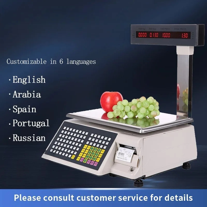 Supermarket Barcode Label Printing Scale Integrated POS Weighing Machine English Arabic Interface Fruit Vegetable Price