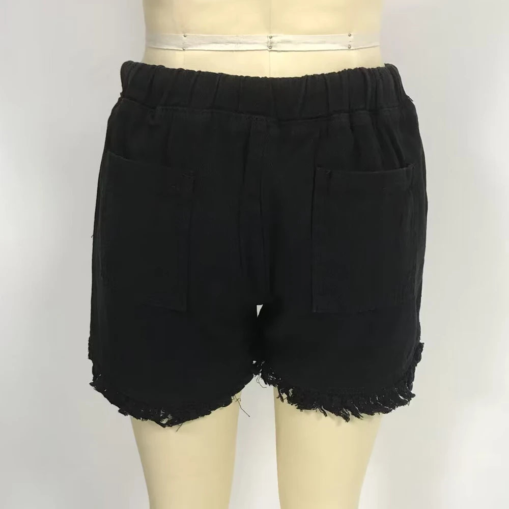 Women’s Denim Shorts Drawstring Elastic Waist Frayed Hem Short Pants Summer Casual Vintage Hottie Girls Loose Jeans with Pockets