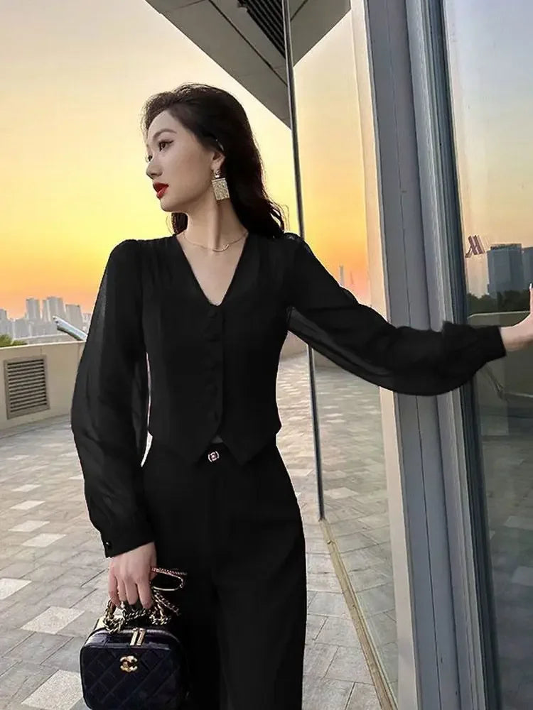 Women Pant Sets for 2 Pieces Red Sexy Holiday Outfits Trousers Woman Spring Autumn Shirt Blouse and Clothing Sales Luxury Full D