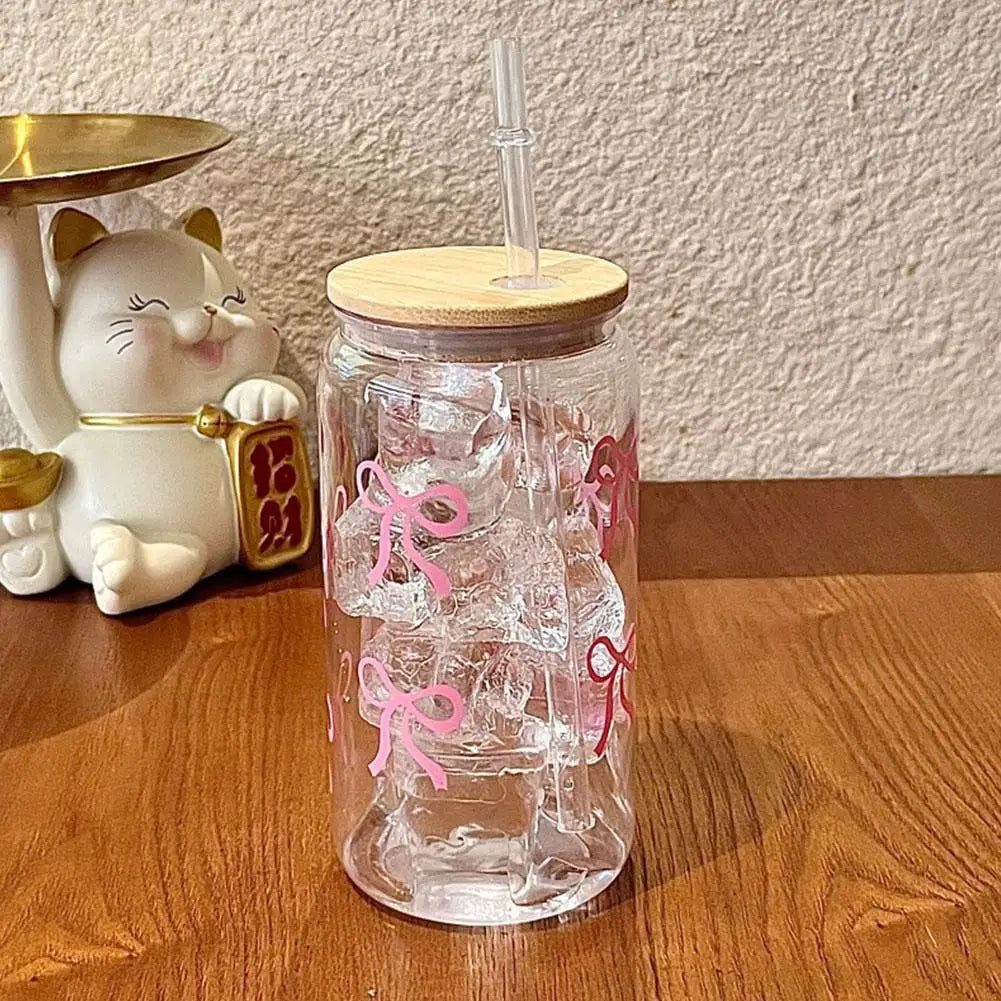 500ml Pink Bow Plastic Cups With Lids And Straws Reusable Bow Aesthetic Cup For Drinking Coffee Tea Cocktail For Party Support