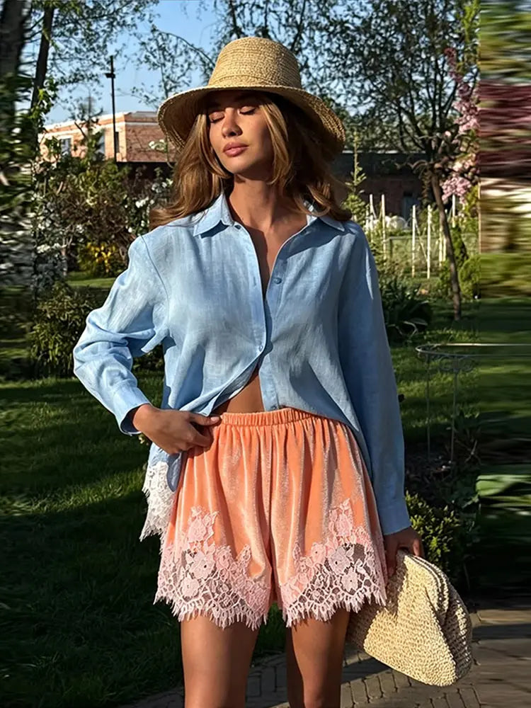 Y2K Velvet Lace Splicing Shorts Women Elastic Waist Contrast Pink Lace Trim Summer Loose Mini Pants Beach Vacation Wear Clothes
