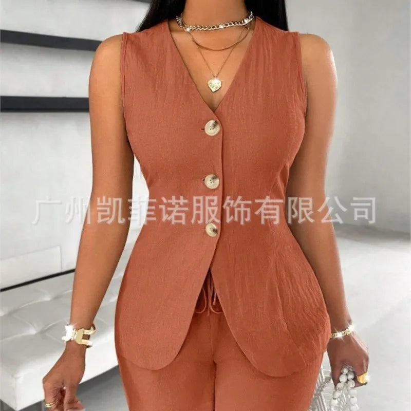 Women Fashion Casual Shorts Set Summer Vest Top Button Solid 2 Pieces Set Lace-up Pant Suits Womens Clothing Office Holiday 2025