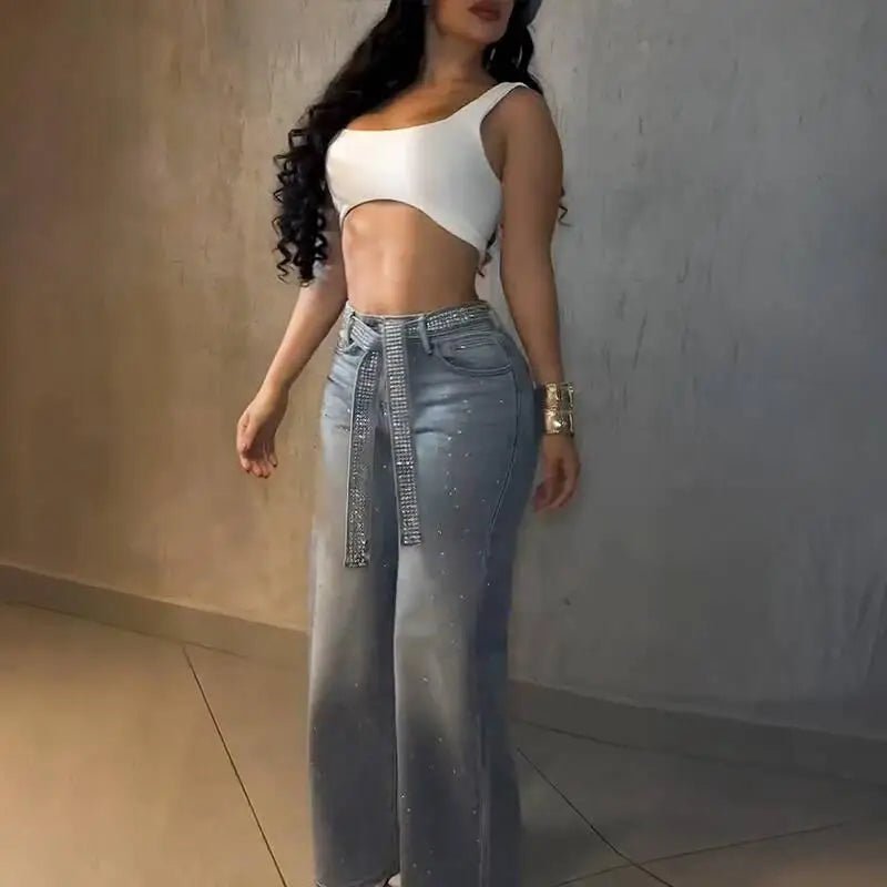 Women Jeans Denim Pant Vintage Wide Leg Long Pants High Waist Straight Trousers Y2k Streetwear Elegant Work Hot Drilling 2026