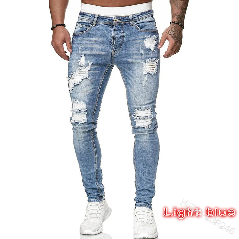 Men Jeans Knee Hole Ripped Stretch Skinny Denim Pants Solid Color Black Blue Autumn Summer Hip-Hop Style Slim Fit Trousers S-4XL