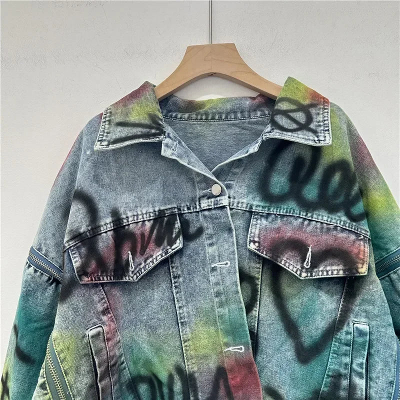 Hand-painted Graffiti Letter Print Denim Coat Zipper Decoration Women Loose Casual Lapel Long Sleeve Irregular Hem Jeans Jacket