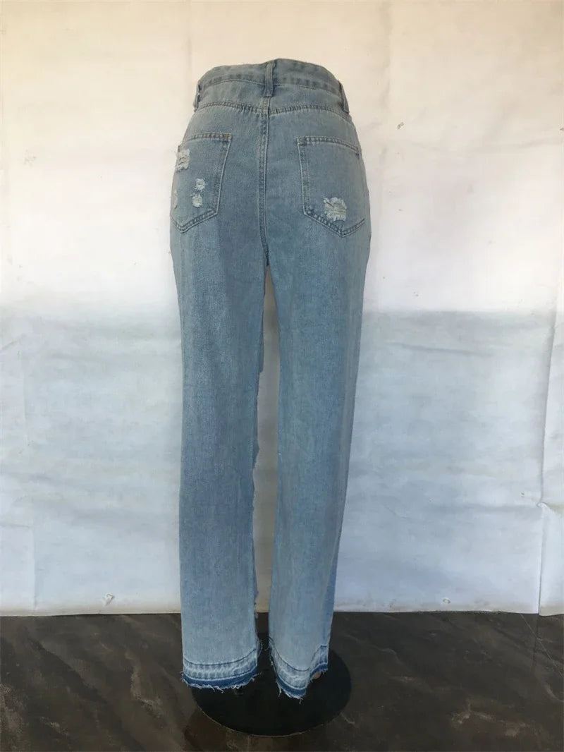 Fashion Ripped Jeans Summer Clothes Women 2024 High Waist Broken Holes Denim Trousers Streetwear Cutout Straight Leg Jean Pants