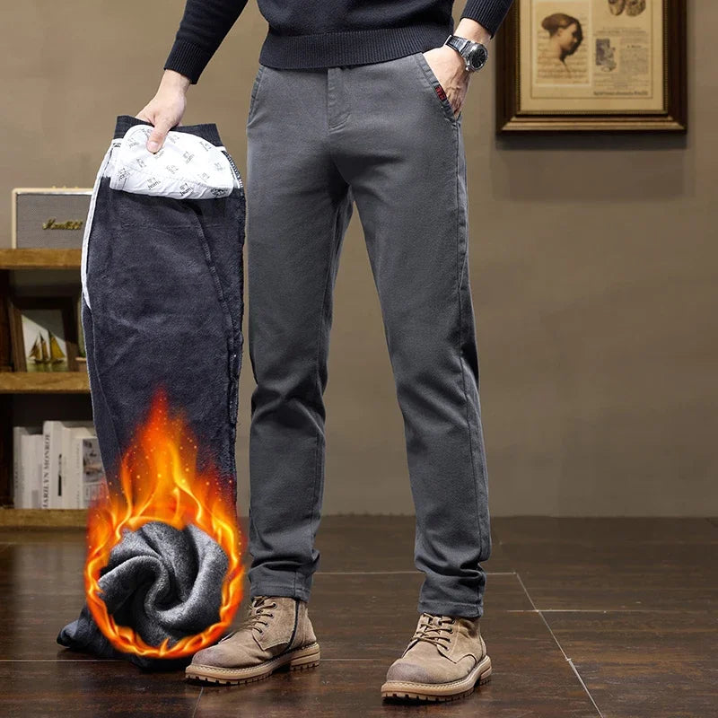 Korean Fashion Fleece Men's Casual Pants Slim Straight Youth Warm Trousers Thickened Thermal Stretch Male Clothes Trendy Brand