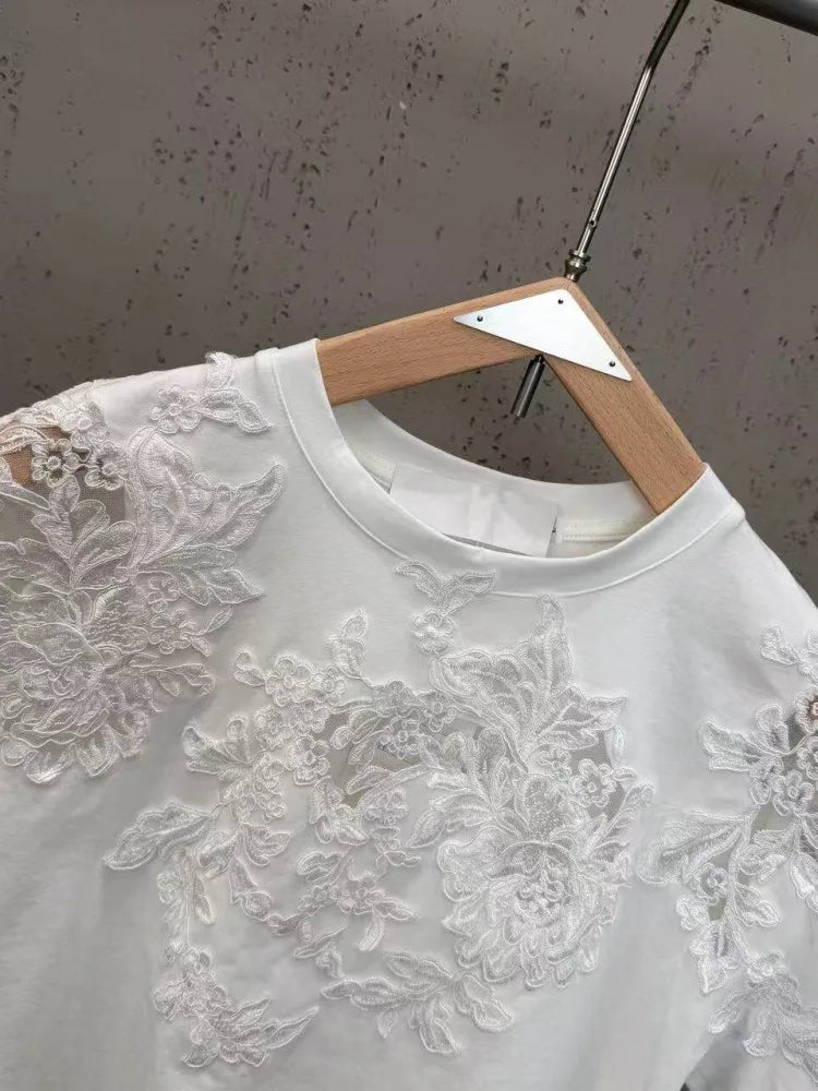 New 2026 Summer Women Casual T Shirts Short Sleeve Spliced Lace Embroidery Solid Color Ladies Fashion O Neck Pullover Tees Tops