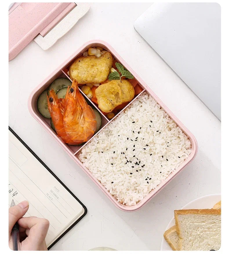 Microwave Lunch Box Wheat Straw Bento Box With Dinnerware Food Storage Container Children Kids School Office Portable Bento Box